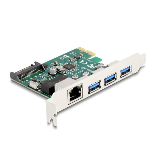 Delock PCI Express x1 Kártya - 3 x USB 5 Gbps A-típusú anya + 1 x Gigabit LAN (90105)
