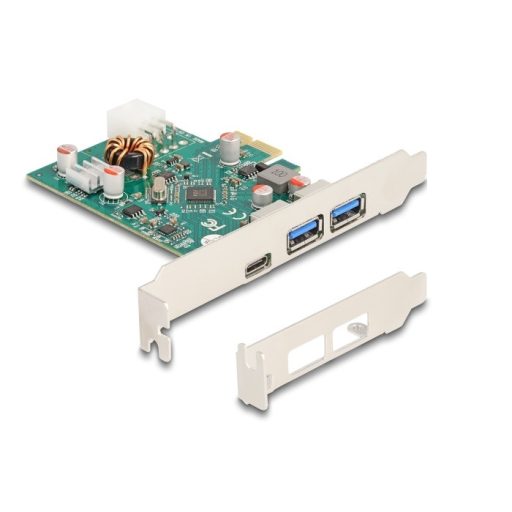 Delock PCI Express x1 kártya - 1 x külső USB Type-C  anya PD 30 W és 2 x külső A-típusú USB 5 Gbps anya (90229)