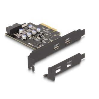   Delock PCI expressz x4 kártya - 2 x külső USB Type-C  csatlakozó + 1 x belső USB 10 Gbps Type-E Key A and 1 x 19 pin USB pin header male - alacsony profilú formatényező (90345)