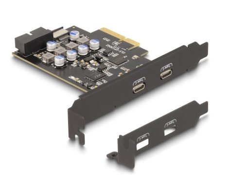 Delock PCI expressz x4 kártya - 2 x külső USB Type-C  csatlakozó + 1 x belső USB 10 Gbps Type-E Key A and 1 x 19 pin USB pin header male - alacsony profilú formatényező