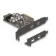 Delock PCI expressz x4 kártya - 2 x külső USB Type-C  csatlakozó + 1 x belső USB 10 Gbps Type-E Key A and 1 x 19 pin USB pin header male - alacsony profilú formatényező