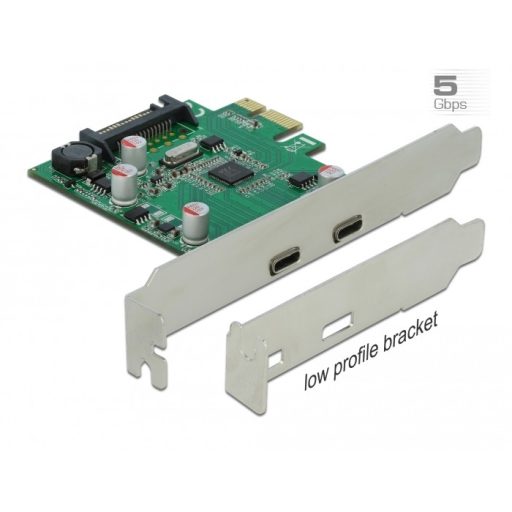 Delock PCI Express x1 kártya - 2 x külső SuperSpeed USB (USB 3.2 Gen 1) USB Type-C  hüvely (90493)