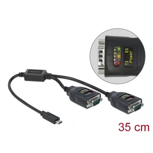 Delock Átalakító USB Type-C    2 x Soros RS-232 DB9 15 kV ESD védelemmel (90494)