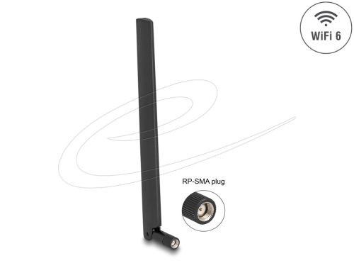 Delock WiFi 6 antenna RP-SMA-dugó 3 - 6 dBi mindenirányú, dönthető csatlakozással (fekete színű)