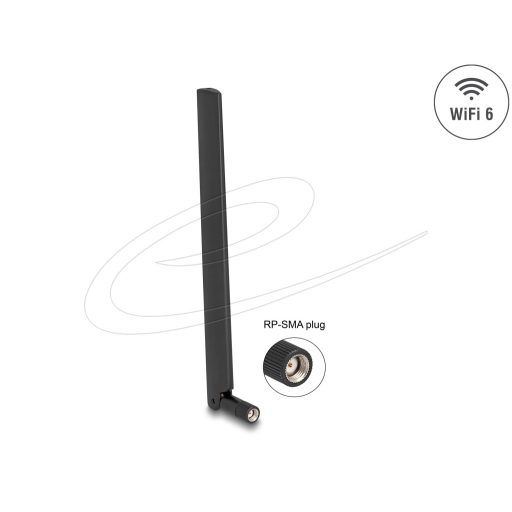 Delock WiFi 6 antenna RP-SMA-dugó 3 - 6 dBi mindenirányú, dönthető csatlakozással (fekete színű) (90677)