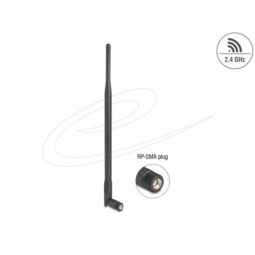Delock WiFi 2,4 GHz antenna RP-SMA-dugó 7 dBi mindenirányú, dönthető csatlakozással (fekete színű) (90763)