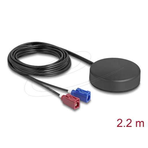 Delock 4G GNSS antenna 1 x FAKRA C + 1 x FAKRA D anya 2 dBi / 28 dB 2,2 m RG-174 mindenirányú tetőbeszerelés fekete kültéri (90767)