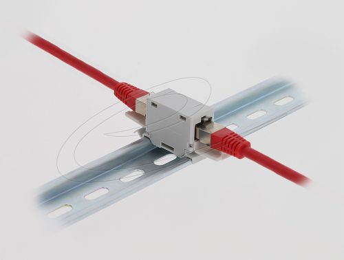 Delock RJ45 kapcsolókészülék Cat.6A anya - anya porvédő fedéllel DIN sínre történő beszereléshez, szürke színű