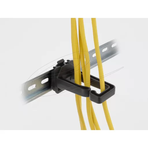 Delock Kábeltartó 70 x 24 mm méretű DIN sínhez kapcsoláshoz felszerelő lemezzel fekete (90769)