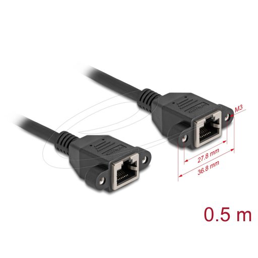 Delock Hálózat bővítő kábel S/FTP RJ45 anya - RJ45 anya Cat.6A, 0,5 m fekete (90783)