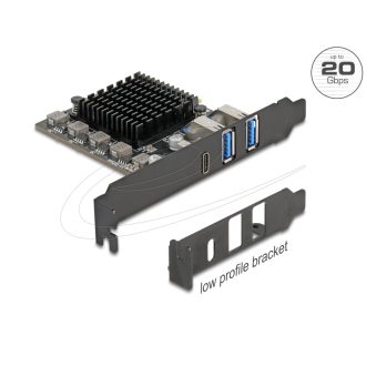   Delock PCI Express x4 kártya - 1 x USB 20 Gbps USB Type-C  + 2 x USB 10 Gbps A-típusú - alacsony profilú formatényező (90891)