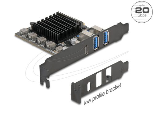 Delock PCI Express x4 kártya - 1 x USB 20 Gbps USB Type-C  + 2 x USB 10 Gbps A-típusú - alacsony profilú formatényező