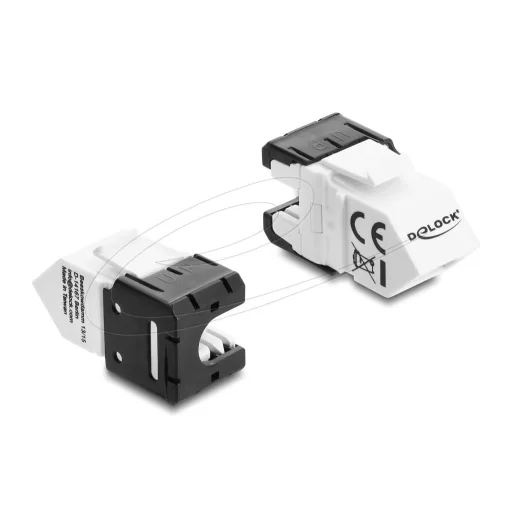 Delock Keystone modul RJ45 aljzat   LSA Cat.6A szabvány, 45 -ban döntött csatlakozó, nem árnyékolt, 180 -os kábelkivezetés, szerszámmentes, fekete / fehér (90939)