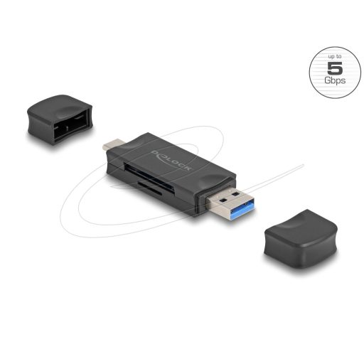Delock Kártyaolvasó USB 5 Gbps USB Type-C  / A-típusú SD és Mikro SD memóriakártyákhoz fekete (91020)