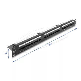   Delock 19  1U patch panel, 24 portos Cat.6 LED-es és húzásmentesítő sínnel, árnyékolatlan, fekete (91087)