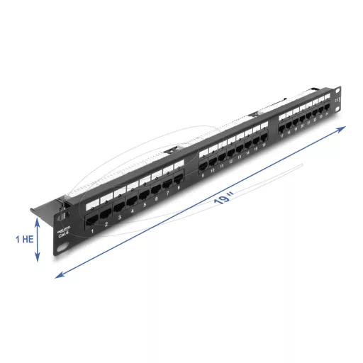 Delock 19  1U patch panel, 24 portos Cat.6 LED-es és húzásmentesítő sínnel, árnyékolatlan, fekete (91087)
