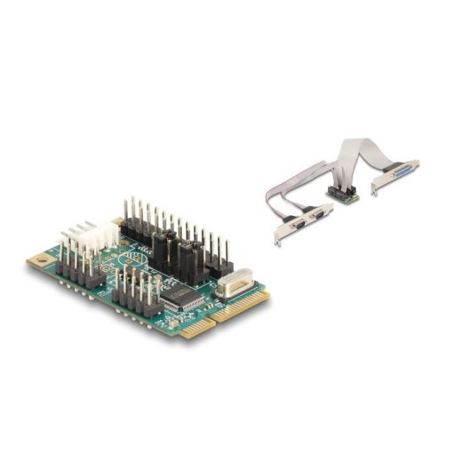 Delock Mini PCIe I/O PCIe teljes méretű 1 x párhuzamos, 2 x soros RS-232 tápfeszültséggel 5 V / 12 V (95277)