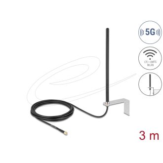  Delock 5G LTE Antenna SMA apa csatlakozóval 3 - 5 dBi mindenirányban rögzíthető, csatlakozó kábellel RG-174, 3 m, falra szerelhető, kültéri, fekete (96089)