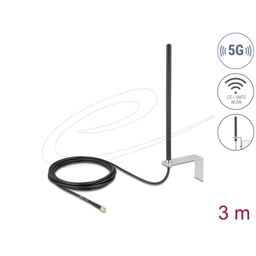 Delock 5G LTE Antenna SMA apa csatlakozóval 3 - 5 dBi mindenirányban rögzíthető, csatlakozó kábellel RG-174, 3 m, falra szerelhető, kültéri, fekete (96089)
