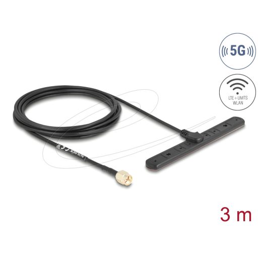 Delock 5G LTE antenna SMA-dugó 3 dBi mindenirányú RG-174-es csatlakozó kábellel biztosított, 3 m öntapadós csatlakozás kültéri, fekete színű (96090)
