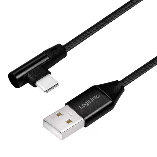 Logilink USB 2.0 Type-C kábel, C/M (90 ) USB-A/M-hez, szövet, fekete, 1 m (CU0138)