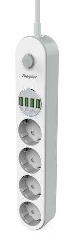 Energizer EPB2500W00EU hálózati elosztó 4 hálózati és 4 USB(töltő) aljzattal, túlfeszültség védett, 2m kábel 