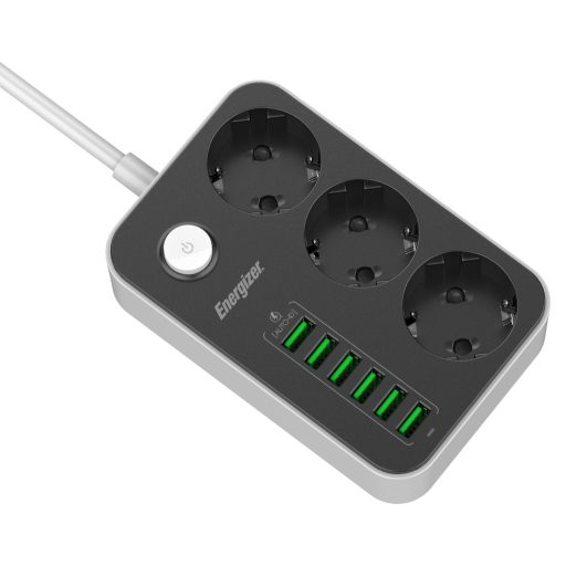 Energizer EPB2500W01EU hálózati elosztó 3db hálózati és 6db USB csatlakozó aljzattal, túlfeszültség védelemmel, 2m kábel (EPB2500W01EU_BK_ML)