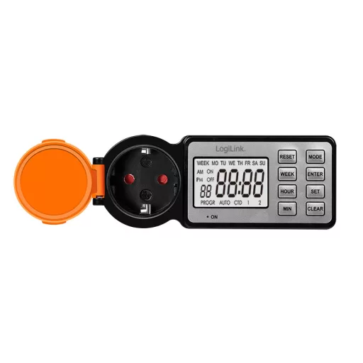 Logilink Kültéri időkapcsoló 2,2"-os LCD kijelzővel, CEE 7/3, időzítő, IP44, 3600 W, fekete/narancssárga (ET0016)