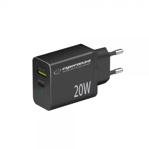Esperanza gyorstöltő 20w usb-c pd 20w / usb-a qc 3.0 18w fekete (EZC105K)