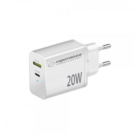 Esperanza gyorstöltő 20w usb-c pd 20w / usb-a qc 3.0 18w fehér (EZC105W)