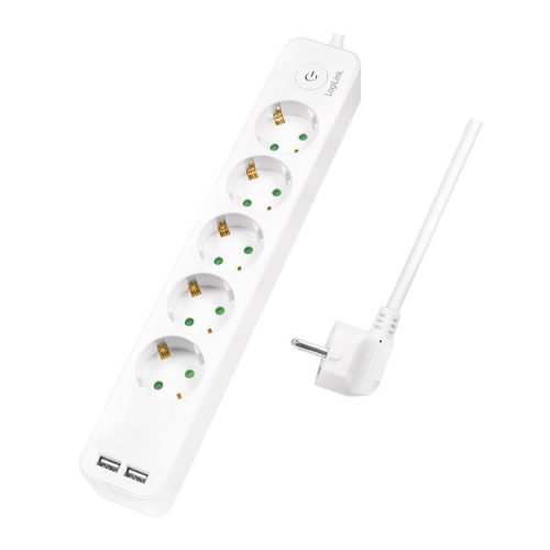 Logilink Aljzat 5-ös + kapcsoló, 5x CEE 7/3 + 2x USB-A, 1,5 m, fehér (LPS249U)