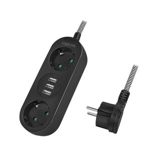   Logilink Elosztó 2-es, 2x CEE 7/3 + 3x USB-A, textil kábel, fekete (LPS262U)