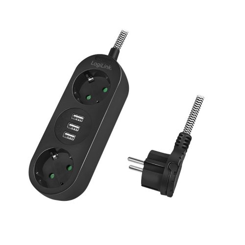 Logilink Elosztó 2-es, 2x CEE 7/3 + 3x USB-A, textil kábel, fekete (LPS262U)