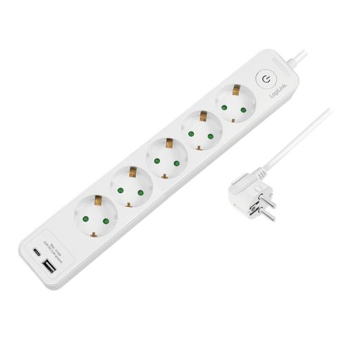 Logilink Aljzat 5-utas + kapcsoló, 5x CEE 7/3, 1x USB-A, 1x USB-C, 1,5 m, fehér (LPS280U)