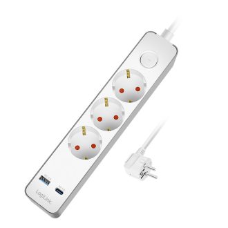   Logilink 3 állású csatlakozóaljzat + kapcsoló, 3x CEE 7/3, 1x USB-A (18 W), 1x USB-C (20 W), 1,4 m, fehér (LPS287U)