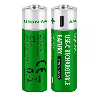   Logilink AAA 1,5 V-os lítium-ion újratölthető akkumulátorok, 550 mAh/825 mWh, beépített USB-C port, újratölthető, 2 db. (LR03RCB2)