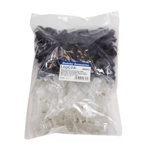 Logilink RJ45 moduláris csatlakozó, Cat.6, árnyékolatlan, fekete tartó, 100 db (MP0024)