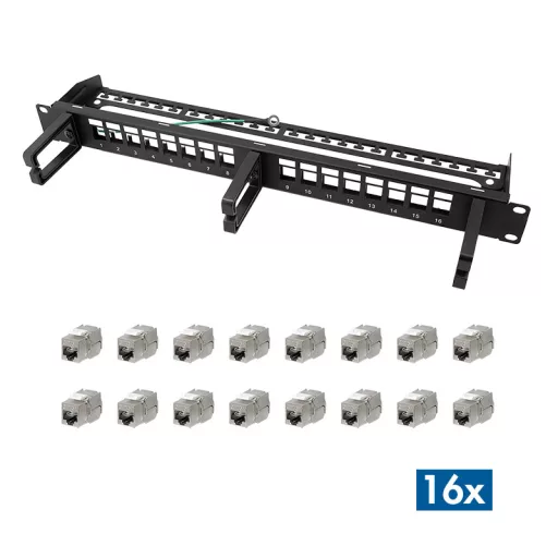 Logilink Moduláris 16 portos Cat.6A keystone panel, 3 kábelgyűrűvel, 19"-os rackbe szerelhető (NK5005)