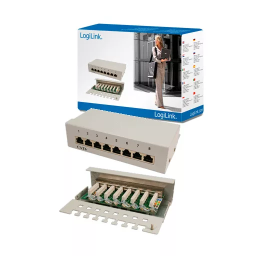 LogiLink Cat.6 Patch Panel 8 portos árnyékolt, asztali, világosszürke (NP0016A)