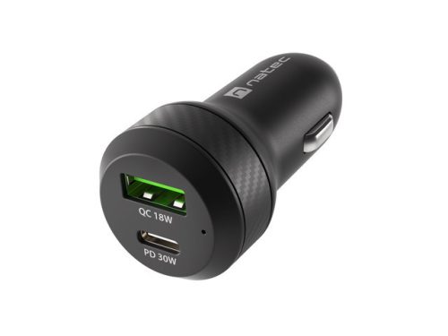 NATEC AUTÓS TÖLTŐ CONEY 1X USB 1X USB-C POWER DELIVERY 3.0 48W QC3.0 FEKETE (NUC-1980)