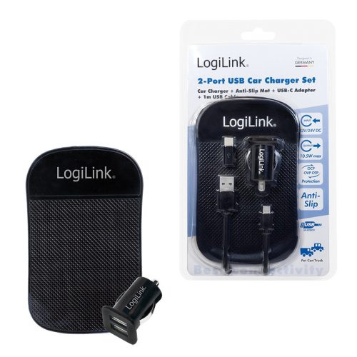 Logilink USB autós töltő, 2x USB port, 10.5W + csúszásgátló szőnyeg (PA0204)