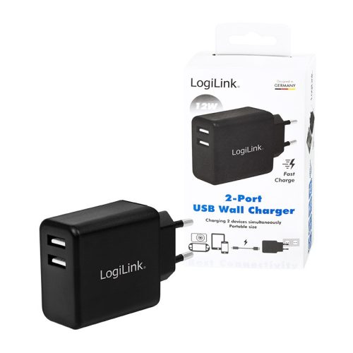 Logilink USB hálózati adapter, 2x USB-Port, 12W, fekete (PA0210)