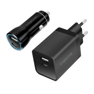  Logilink USB töltőkészlet, autós és váltóáramú, USB-C/F + USB-A/F, 5 V/15 W, fekete (PA0300)