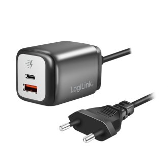   Logilink Kettős USB-csatlakozós adapter, GaN, 1x USB-A, 1x USB-C, 30 W, rögzített kábel (PA0314)