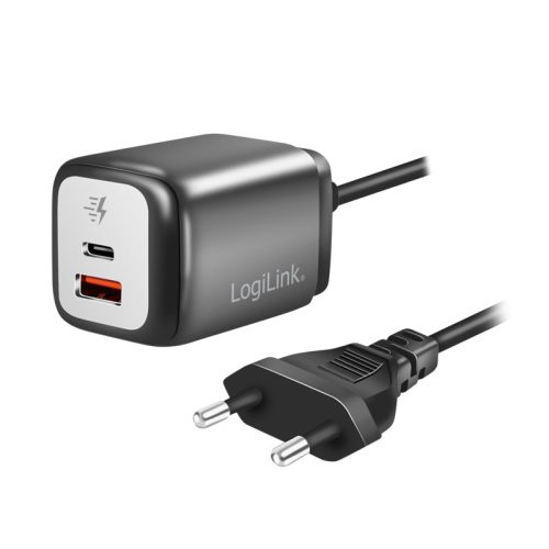 Logilink Kettős USB-csatlakozós adapter, GaN, 1x USB-A, 1x USB-C, 30 W, rögzített kábel