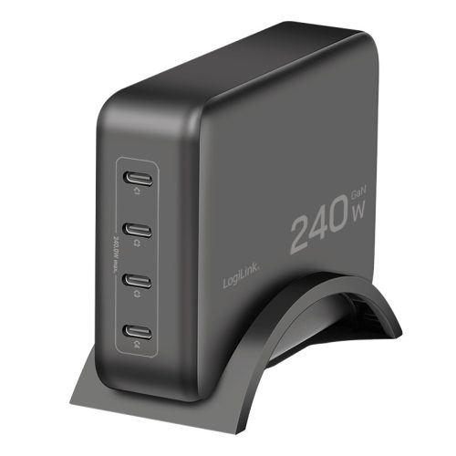 Logilink USB-C 240 W GaN töltő, 4x USB-C PD 3.1, 240 W, okos, fekete