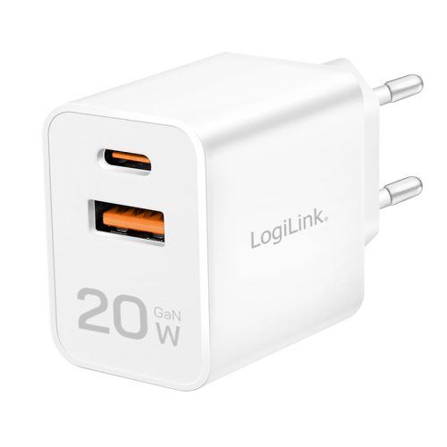 Logilink Kettős USB-s töltő, 20 W, GaN, 1x USB-C (PD), 1x USB-A, fehér