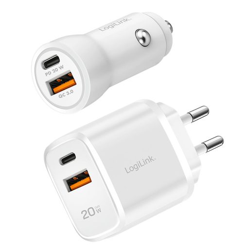 Logilink USB töltőkészlet, 20 W, 1x autós adapter és 1x fali adapter, 1x USB-A + 1x USB-C, fehér (PA0374)