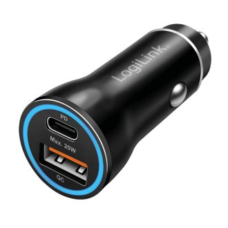   Logilink USB autós töltő adapter, 20 W, 1x USB-C PD, 1x USB-A QC, LED gyűrű, fekete (PA0392)