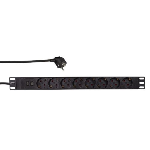 Logilink 19" PDU 8-as CEE 7/3 + 2x USB-A, túlterhelés elleni védelemmel (PDU8C02)